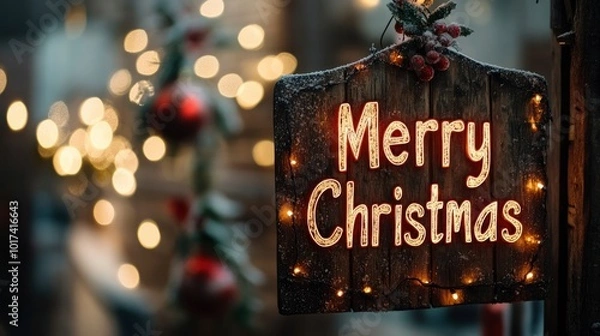 Fototapeta Wooden sign with "Merry Christmas" carved and filled with twinkling fairy lights.