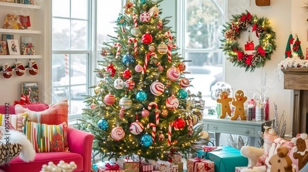 Fototapeta A Christmas Tree Decorated with Candy Canes, Ornaments, and Lights in a Living Room