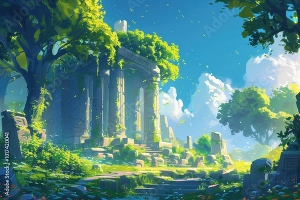 Fototapeta Overgrown Stone Temple Ruins in a Lush Green Forest