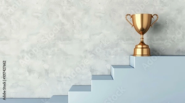 Obraz A shining trophy rests atop a blue staircase, embodying the essence of achievement against a crisp white backdrop.