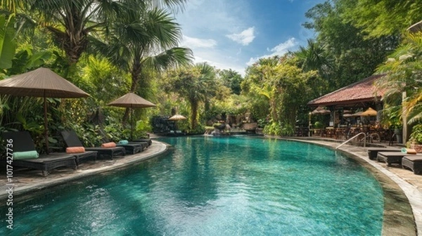 Fototapeta Lush Tropical Resort Pool Surrounded by Greenery