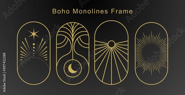 Obraz Abstract boho monoline frame collection with celestial elements for modern designs


