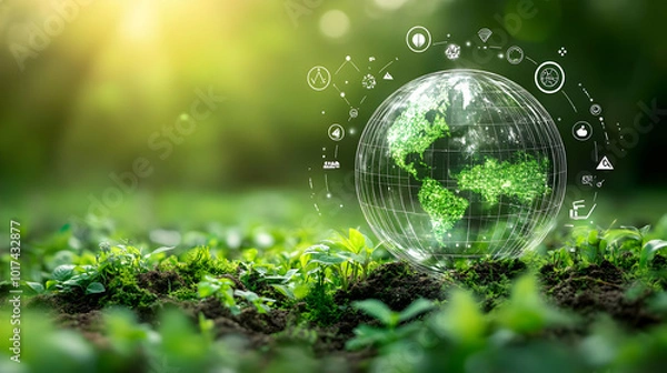 Fototapeta Green Globe with Digital Icons Represents Sustainability and Technology