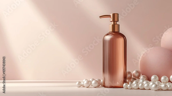 Fototapeta A rose gold bottle of lotion sits on a table with pearls scattered around it.