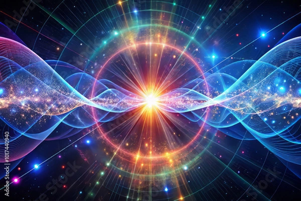 Obraz vibrant abstract rendering of quantum wave functions, showcasing burst of energy at center, surrounded by colorful waves and cosmic elements. This evokes sense of wonder and exploration in realm of