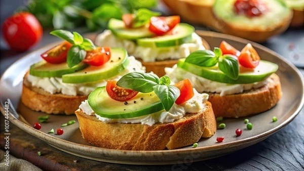 Obraz Appetizing bruschetta with cream cheese and avocado on a plate