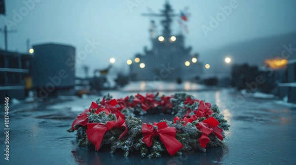 Fototapeta Honoring the Fallen, featuring a wreath laid on a naval ship deck, symbolizing remembrance and respect for those who perished, with copy space, Battle of Angamos
