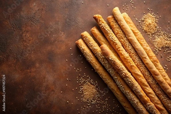 Fototapeta Aerial view of crispy sesame breadsticks on brown background