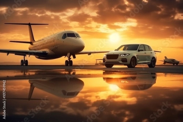 Obraz White private jet and car on tarmac at sunset. AI generative. .