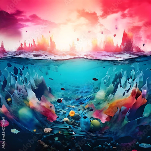 Fototapeta colorful abstract soundscape. symbolizing the Disrupted ocean due to plastic pollution. Fight for a silent Earth Day
