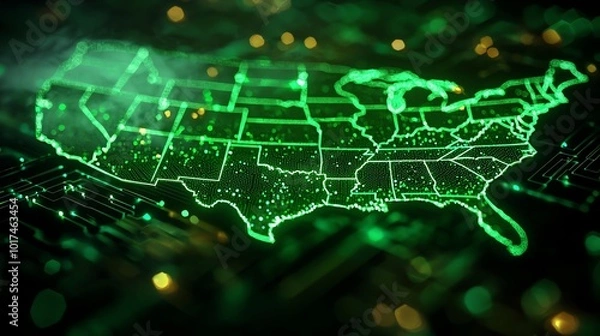 Fototapeta A digital map of the United States displayed in vibrant green tones with illuminated connections and technology elements.