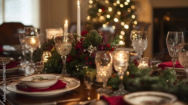 Fototapeta Festive Christmas Table Setting with Candles and Greenery