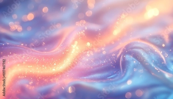 Fototapeta A vibrant, shimmering abstract background featuring fluid waves in blue and pink hues, scattered with sparkling highlights.
