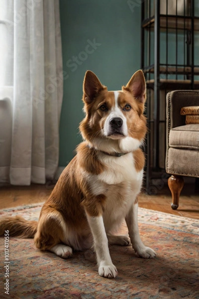 Fototapeta A happy, fluffy dog sits on a colorful rug in a cozy living room with natural light streaming through the window during the daytime