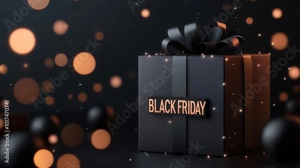 Fototapeta Black Friday gift box with sparkling edges, radiating light and mystery, surrounded by twinkling bokeh