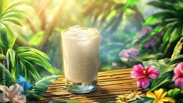Fototapeta refreshing glass of milk with ice cubes, sitting on a bamboo table surrounded by tropical plants and flowers