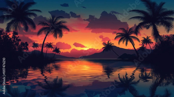 Fototapeta Vibrant summer sunset over a tranquil lake with silhouetted palm trees and a gentle breeze