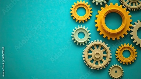 Fototapeta Colorful gears of various sizes are arranged on a turquoise background, symbolizing mechanics, innovation, and industry.