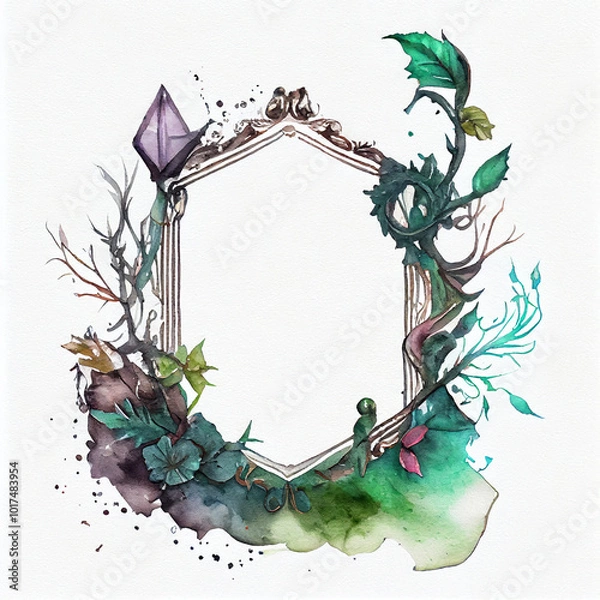 Fototapeta Whimsical watercolor frame with mystical plants and crystal accents for magical designs
