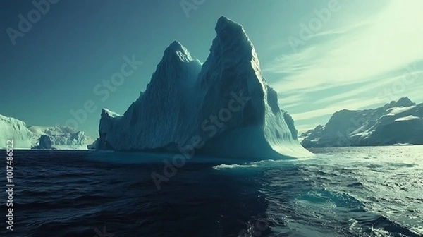Fototapeta A colossal iceberg rises from the deep blue ocean, its jagged surface glistening in the sunlight. The towering structure feels both grand and fragile, a natural sculpture carved by time.