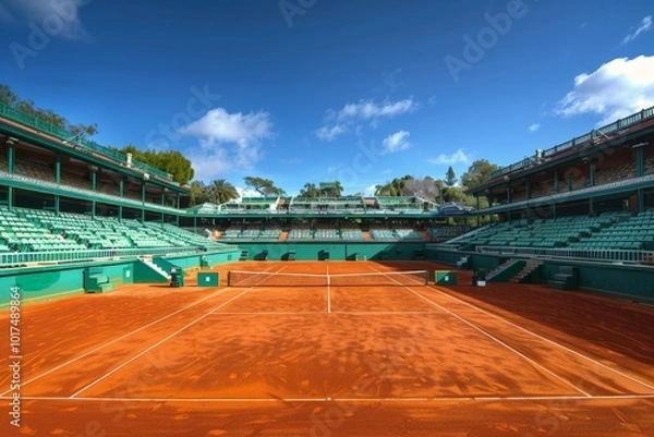 Fototapeta A stunning view of a clay tennis court basking under clear blue skies, evoking a sense of openness, readiness, and the allure of competitive sport settings.