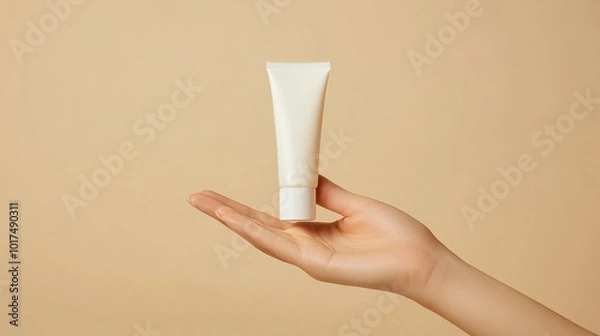 Fototapeta Elegant Presentation of a Blank Mockup Tube for Cream or Lotion Held by a Fragile Female Hand Against a Beige Isolated Background for Skincare and Cosmetic Branding.






