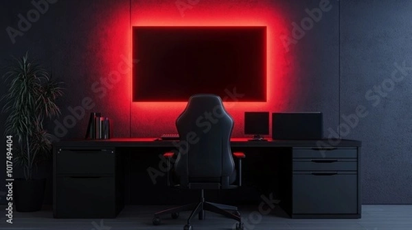 Fototapeta Elegant office chair and gaming setup, red TV screen glowing on the wall, black desk with drawers and a plant adding life to the dark gray office room.