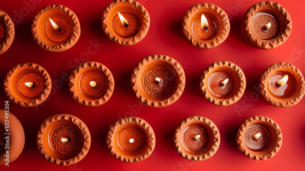 Fototapeta A pattern of lit clay diyas arranged in rows on a red background.