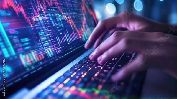 Fototapeta Hands typing on a laptop displaying financial data and graphs.