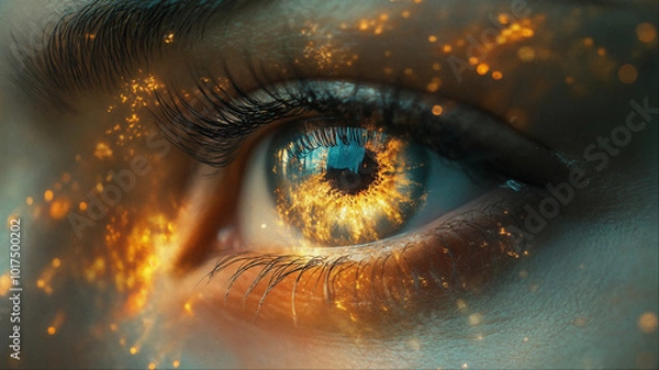 Obraz Magical golden glowing pupil eye closeup with sparkling cosmic energy, surreal fantasy vision concept