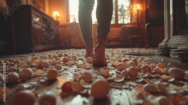 Obraz Tense domestic scene illustrating 'walking on eggshells' with feet carefully treading on broken eggshell fragments on floor