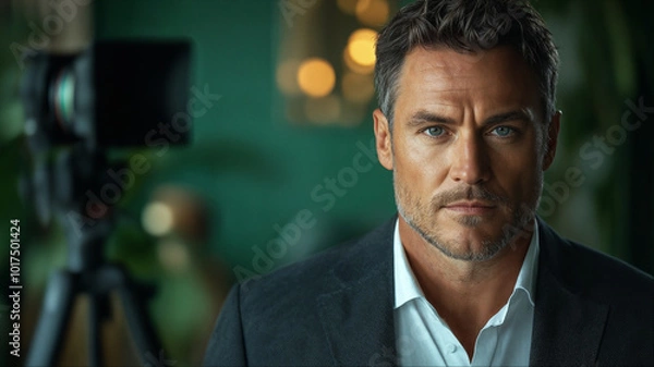Obraz Intense closeup portrait of bearded executive businessman with dramatic lighting, Sophisticated corporate man headshot