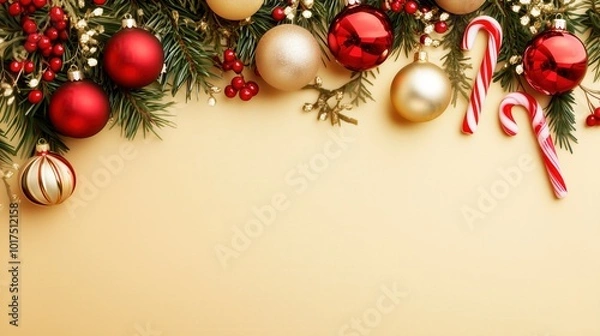 Fototapeta Festive Christmas-themed golden  background with ornaments and candy canes, space for text