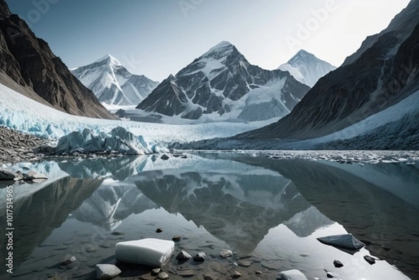 Fototapeta mountains reflected in a lake with rocks and ice