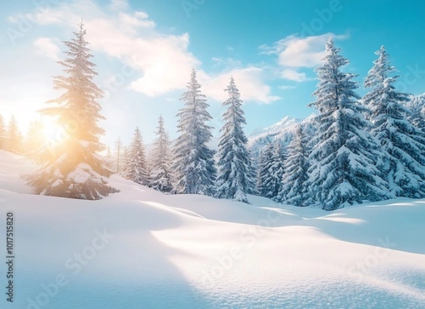 Fototapeta Beautiful winter landscape with snow-covered fir trees in the Alps mountains on a sunny day with sunlight and a blue sky background