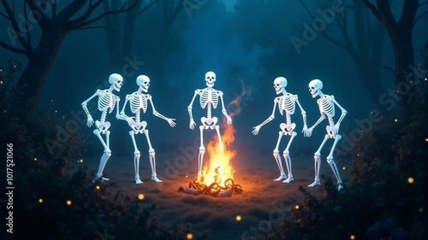Fototapeta White skeletons stand in front of a bonfire in a misty forest
