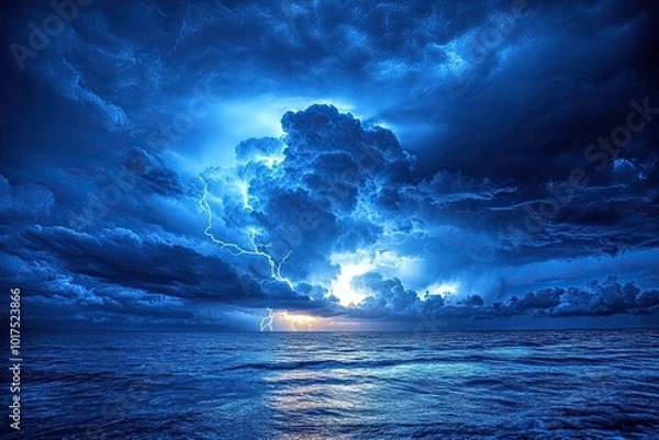 Fototapeta Dramatic storm clouds loom over a tranquil ocean, illuminated by lightning, creating a stunning contrast of blue and black.