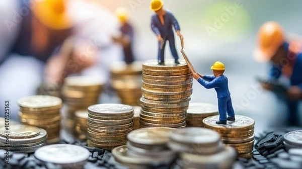 Fototapeta Figuras de trabajadores de construcción apilando monedas, simbolizando el esfuerzo, la inversión y la construcción de riqueza
