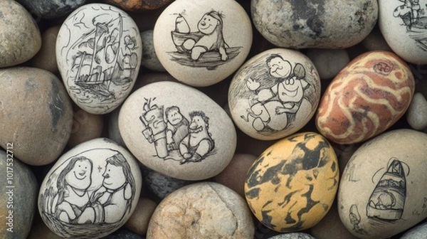 Obraz Hand-drawn round stones with various caricatures