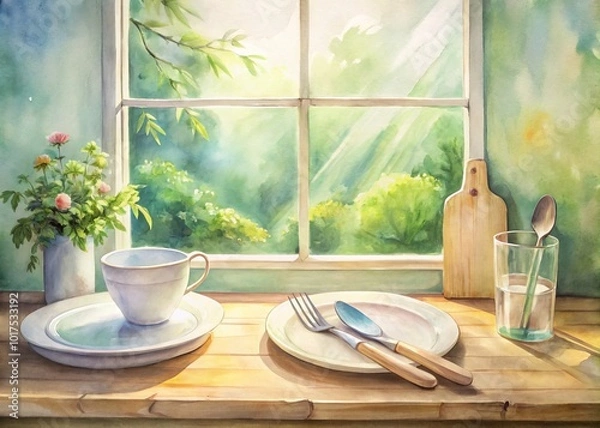 Fototapeta This delightful watercolor still life showcases a fork, plate, spoon, and cutting board, making it an ideal addition to culinary-themed home decor.