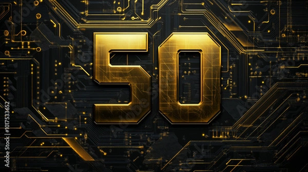 Obraz Golden 50 against a dark circuit board background, representing technology and innovation in a digital era