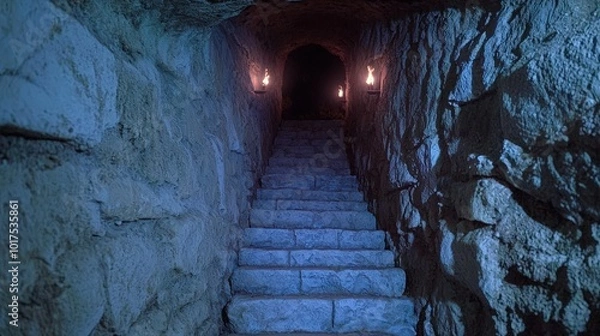 Obraz Dark Stone Dungeon Stairway with Torchlight   Medieval Castle Interior