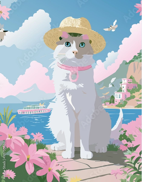 Fototapeta 麦わら帽子を被った猫のイラスト