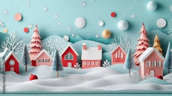 Fototapeta Snowy winter village with papercut houses and trees, surrounded by abstract shapes for a festive and whimsical holiday design.