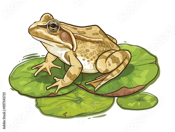Fototapeta white background, Frog perched on a lily pad in a pond - isolate on a pond with lily pads background., very simple and isolate in the style of animated illustrations with drawings in pencil art