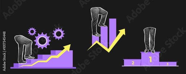 Fototapeta A business collage with the dynamics of growth. Feet are walking up the stairs. Achieving the result. Vector illustration.