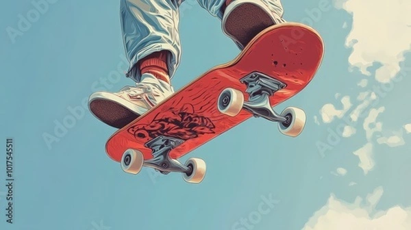 Fototapeta Vibrant Anime Style Skateboarder Adventures - Minimalist Vector Illustration with GoPro Camera Mounted on Skateboard in Soft Pastel Background
