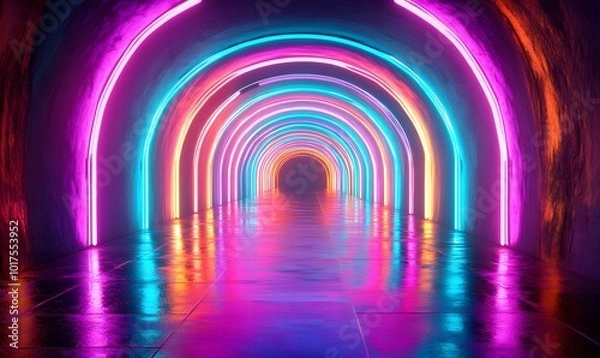 Fototapeta Futuristic Neon Lit Tunnel with Vibrant Colors, Abstract and Technological, Glowing Arches and Reflections, Ideal for Sci-Fi Settings, Nightlife Concepts, and Modern Design Inspirations.