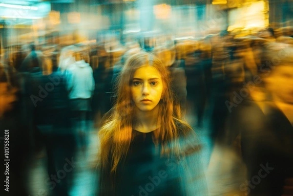 Fototapeta Teenage girl lost in the crowd, motion blur of conceptual image of a lonely girl for being fatherless and depressed