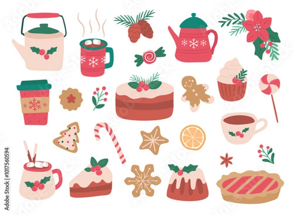 Fototapeta Collection of Winter Christmas food vector illustrations